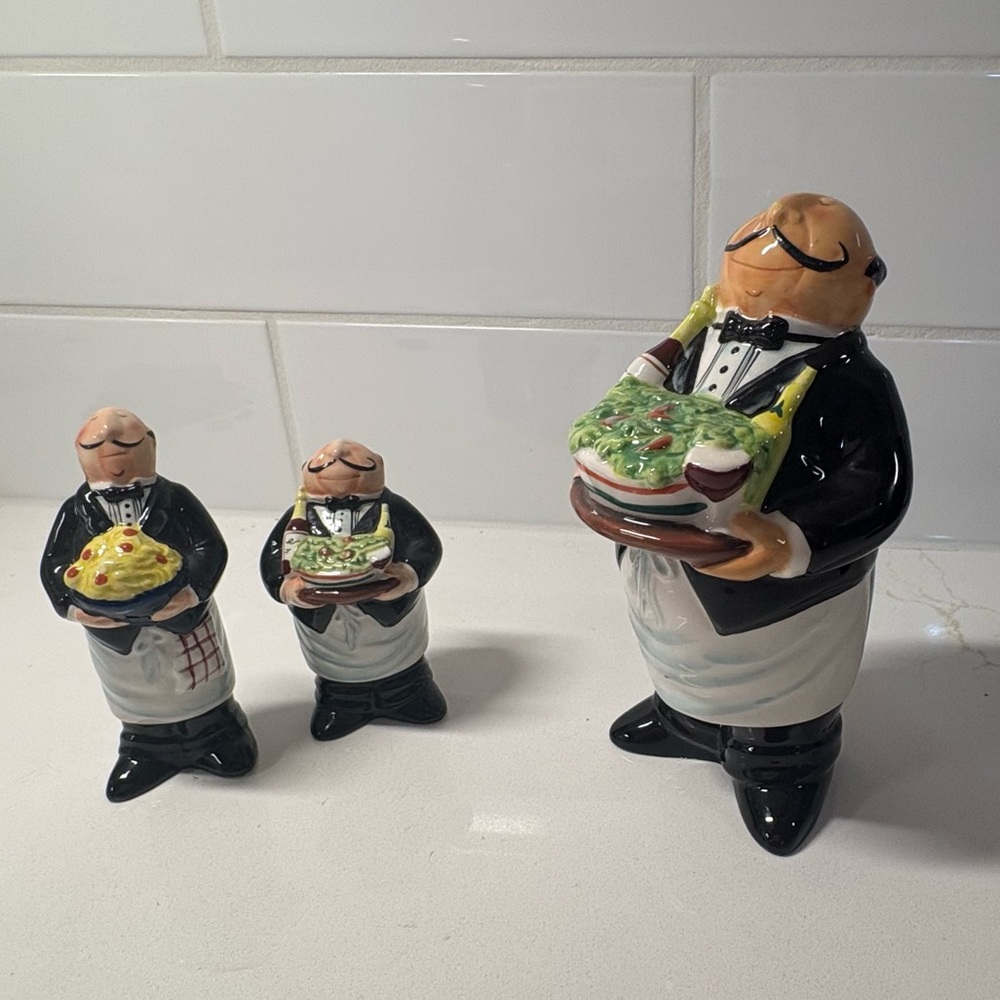 Figural Waiter Cheese Shaker with Salt and Pepper Shakers - "Dinner is Served"